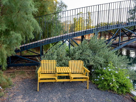 wooden garden table and chair, front view