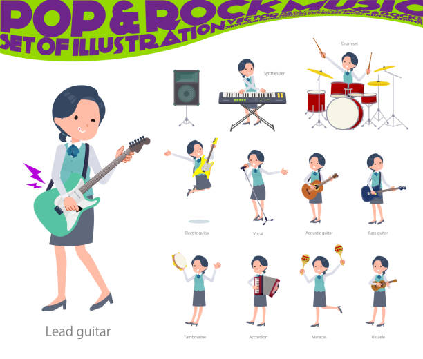 로큰롤과 팝 음악을 연주하는 서기 여성 세트 - guitar musical band popular music concert music stock illustrations