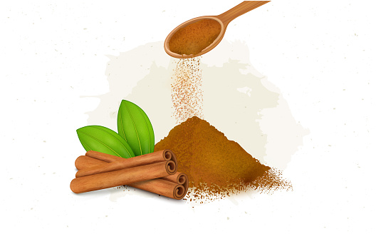 Cinnamon Sticks with cinnamon powder and green leaves vector illustration