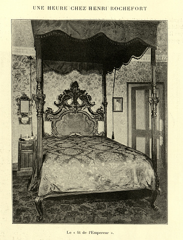 Vintage illustration after a photograph of Henri Rochefort's four poster bed at 4 Clarence Terrace, Regent's Park, 1890s. Victor Henri Rochefort, Marquis de Rochefort-Luçay (30 January 1831 – 30 June 1913) was a French writer of vaudevilles and politician.