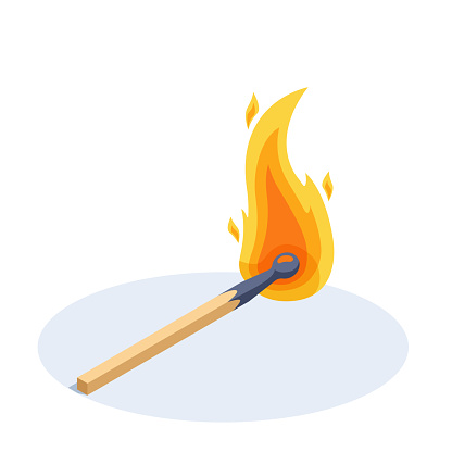 isometric vector illustration on a white background, a burning match lies on the ground, a fire hazard situation, precautions in handling fire