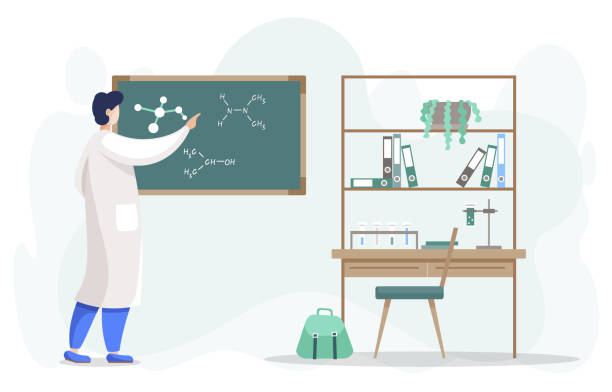 człowiek naukowiec w laboratorium pisanie na tablicy - professor adult student chalk drawing formula stock illustrations