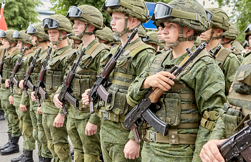 Belarus, Grodno region, city of Slonim July 3, 2022: Celebration of the Independence Day of the Republic of Belarus. Editorial photo. Soldiers of the 11th mechanized brigade of the Republic of Belarus in the rack.