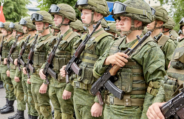 Celebration of the Independence Day of the Republic of Belarus. Editorial photo. Belarus, Grodno region, city of Slonim July 3, 2022: Celebration of the Independence Day of the Republic of Belarus. Editorial photo. Soldiers of the 11th mechanized brigade of the Republic of Belarus in the rack. belarus stock pictures, royalty-free photos & images