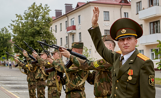 Belarus, Grodno region, city of Slonim July 3, 2022: Celebration of the Independence Day of the Republic of Belarus. Editorial photo. The lieutenant commands the soldiers during solitary firing.