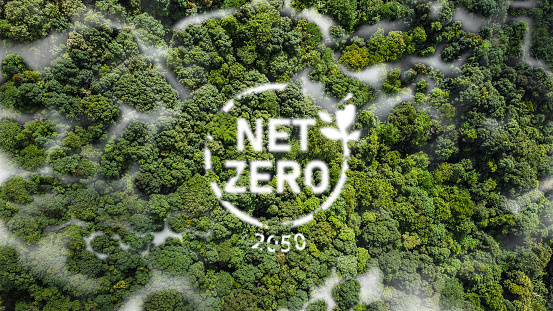 Net Zero 2050 Carbono Neutral y Net Zero Concepto entorno natural Una estrategia climáticamente neutra a largo plazo objetivos de emisiones de gases de efecto invernadero Una nube de niebla en la cifra verde Net Zero. photo