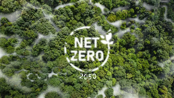 Net Zero 2050 Carbon Neutral and Net Zero Concept natural environment A climate-neutral long-term strategy greenhouse gas emissions targets A cloud of mist in the green Net Zero figure.