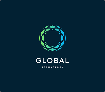Round abstract logo template for global connection technology. Abstract ring icon, network symbol. Minimal geometric logotype concept for communication tech, world internet sign. Vector illustration.