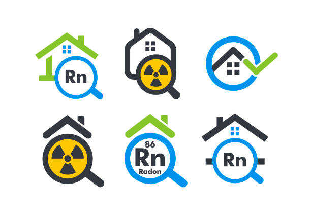 stockillustraties, clipart, cartoons en iconen met house with magnifying flat cartoon style vector logo concept. radon home testing company isolated icon on white background. removal of radioactive gases sign collection for business and startup - wijkverpleging