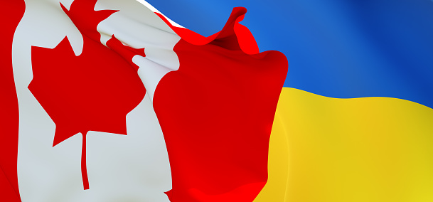 Canadian and Ukrainian flags flying in the wind. Canada stand with Ukraine. 3D rendered image.