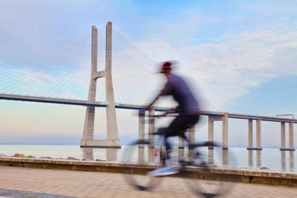 Cycling along Tagus River stock photo