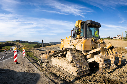 Bulldozer on the construction of highway S7 in Rdzawka, Poland