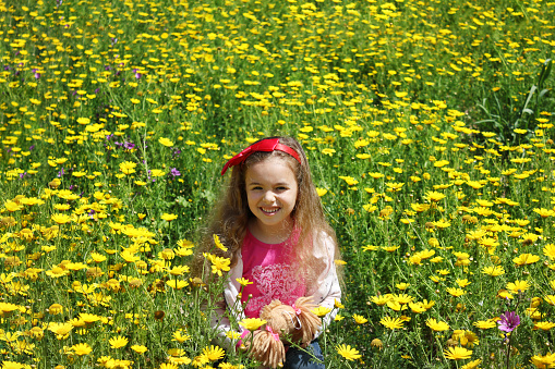 Curly little girl with a red bow in her hair. Girl on green meadow among yellow flowers