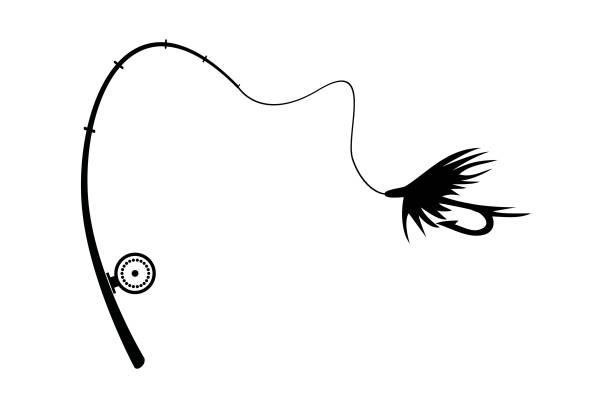 Fly fishing lure and fishing rod design vector flat isolated illustration Fly fishing lure and fishing rod design vector flat modern isolated illustration hairy insect stock illustrations
