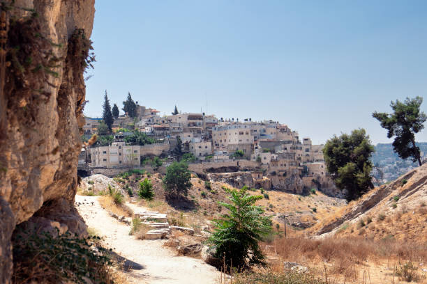 vista del distrito árabe en el monte de los olivos desde el valle de kedron en jerusalén, israel - jerusalem hills fotografías e imágenes de stock