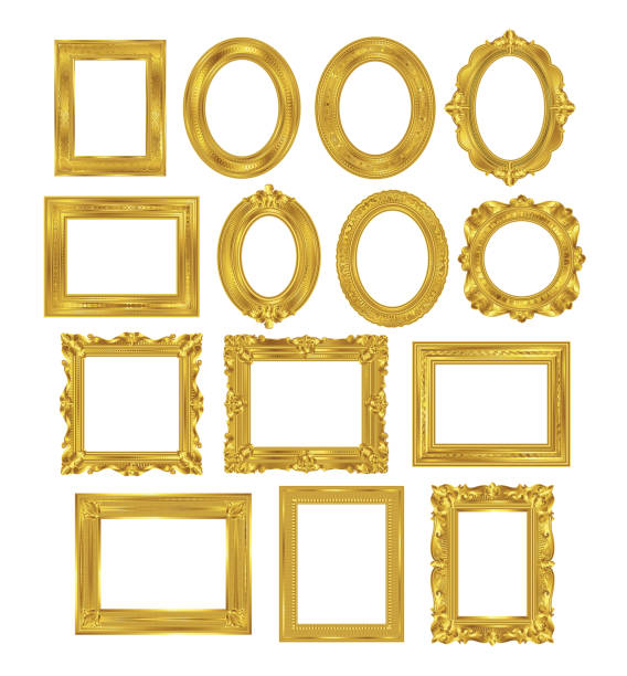 Vector illustration of various antique gilded gold picture frames.
Vintage gold frames, Art gallery frames, Ornate decorative frames, Victorian gilded gold picture frames set isolated on a white background.