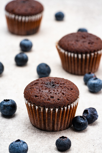 Chocolate cupcakes and blueberries on the white background