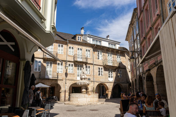 A Coruña, Spain, April 14, 2025: View of the facades of old buildings from the seafront of the city of A Coruña, Galicia.