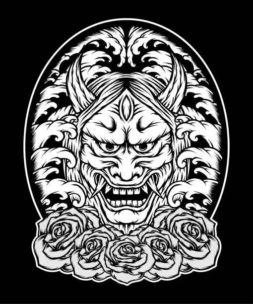 Vector illustration of Monochrome oni mask japan with roses