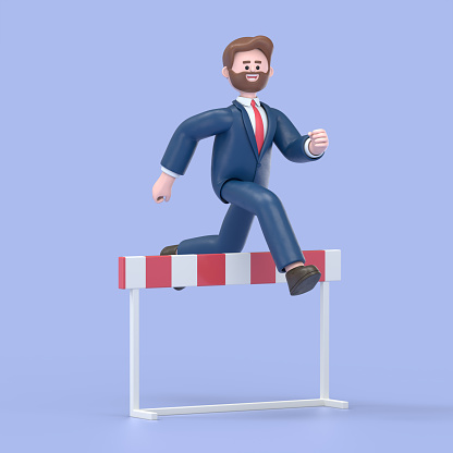 3D illustration of smiling bearded american businessman Bob jumping over hurdle, 3D rendering on blue background.