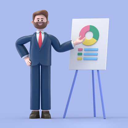 3D illustration of smiling bearded american businessman Bob analyzing market trends and planning seo optimization,3D rendering on blue background.