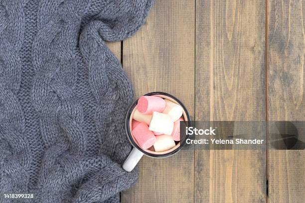 Flat Lay With Mug Full Of Marshmallows On Wooden Table With Knitted Warm Gray Plaid Autumn Or Winter Concept Copy Space Stock Photo - Download Image Now