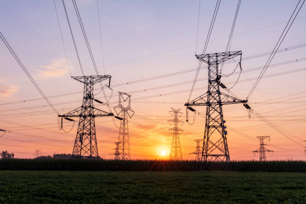 istock Pylons, high voltage pylons in the evening 1418399670