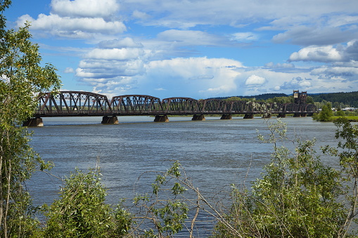 Railway bridge over Fraser River at Prince George in British Columbia,Canada,North America