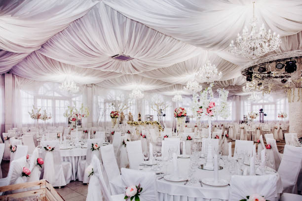 istock Before the wedding banquet. A large hall in the restaurant, prepared for a wedding dinner 1418401048