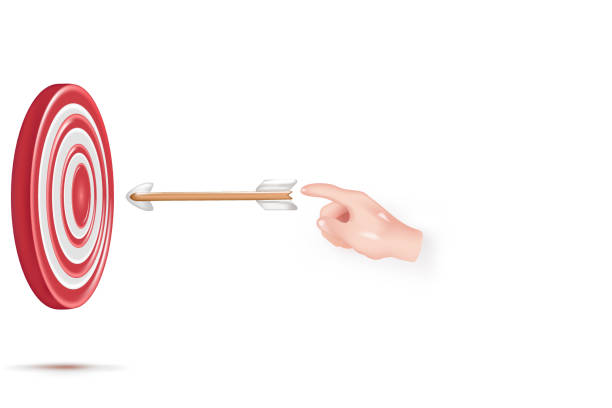 ilustrações, clipart, desenhos animados e ícones de dardos acertando um alvo vermelho no centro isolado em fundo branco. ilustração de renderização 3d - dartboard target bulls eye sport