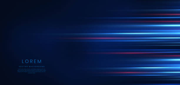 technologia abstrakcyjna futurystyczna świecąca niebieska i czerwona linia świetlna z efektem rozmycia ruchu prędkości na ciemnoniebieskim tle. - blue backdrop shiny striped stock illustrations