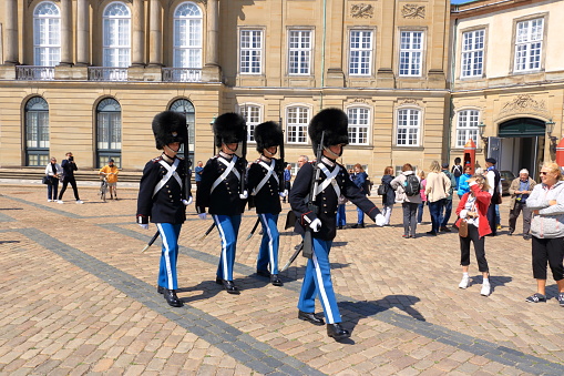 COPENHAGEN, DENMARK - JULY 2: Royal Guard in Amalienborg Castle on July 2, 2014 in Copenhagen