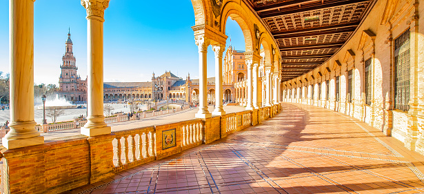 Seville, Spain - 2 July, 2022: Panorama of Plaza de Espana (Spanish Square) in Seville old town, Spain travel photo