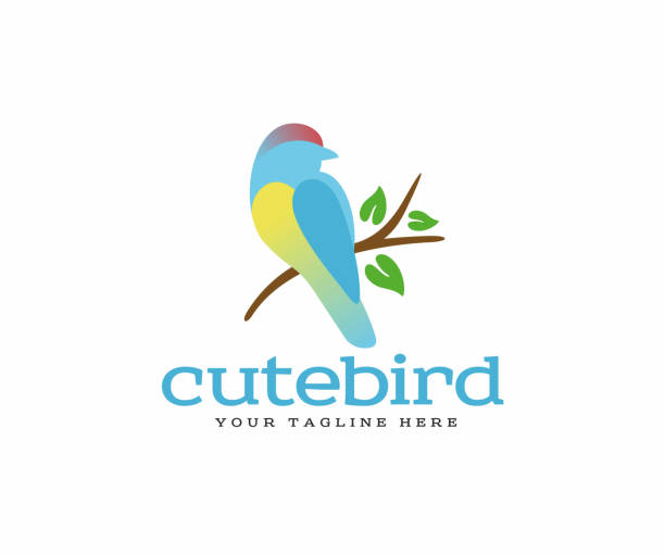 나뭇가지 디자인에 앉아있는 다채로운 새 실루엣. 아름다운 파란색, 빨간색 및 노란색 깃털을 가진 작은 새의 벡터 디자인. 가슴, 나이팅게일 또는 참새 새의 간단한 디자인 - perching stock illustrations