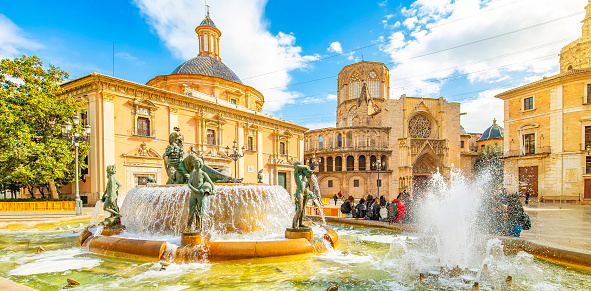Panorama of Valencia old town and Turia fountain, Spain travel photo