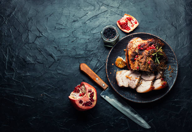 istock Baked pork belly with herbs, space for text 1418410492
