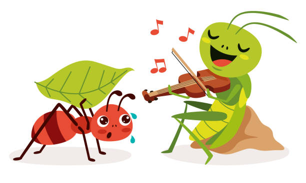 kreskówkowa ilustracja konika polnego i mrówki - grasshopper stock illustrations