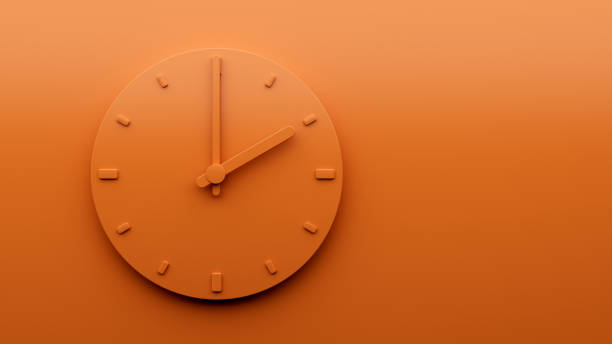 минимальные оранжевые часы 02:00 два часа абстрактные минималистские настенные часы 14:00 или 2:00 3d иллюстрация - three dimensional shape lunch multi colored wall сто�ковые фото и изображения