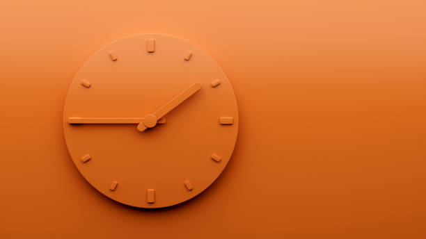 istock Minimal Orange clock 1:45 quarter to two o'clock abstract Minimalist wall clock 01:45 or 13:45 one forty five 3d Illustration 1418415710