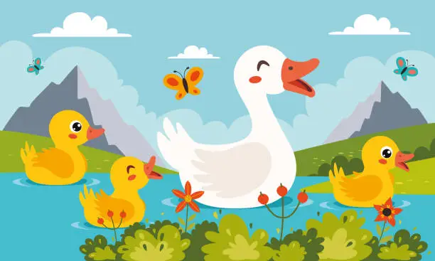 Vector illustration of Mother And Baby Gooses Swimming At Lake