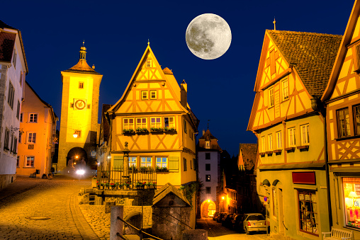 Rothenburg ob der Tauber at night with fullmoon