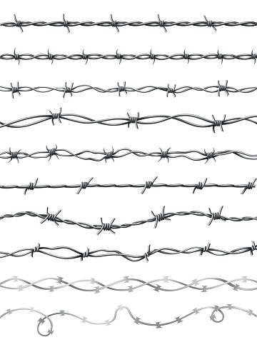 Barbed wires set. Protective boundary. Protection concept design. Vector fences seamless illustration isolated on white.