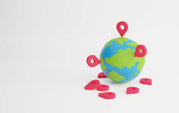 istock Big red pin on planet earth and clouds on blue background. 1418424187