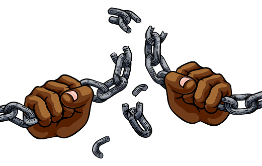 Hands in fists breaking a chain freedom concept design