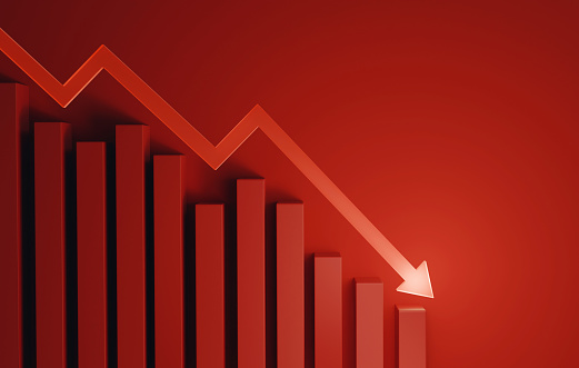 Red arrow pointing down with declining bar graph on red background downward trend in investment recession financial crisis inflation. 3d render illustration