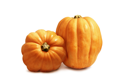 Two small pumpkins isolated on white background. High resolution 42Mp studio digital capture taken with Sony A7rII and Sony FE 90mm f2.8 macro G OSS lens