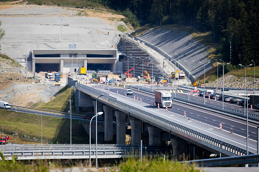 Skomielna Biala area - new S7 motorway with a visible, unfinished entrance to the tunnel between Krakow and Zakopane, Poland