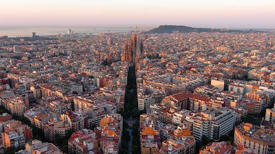 Barcelona skyline with Sagrada Familia Cathedral at sunrise. Catalonia, Spain