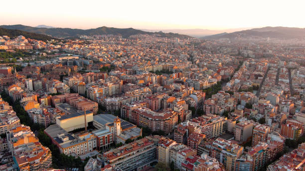 istock Barcelona skyline at sunrise, high angle view, Catalonia, Spain 1418437738