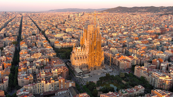 Barcelona skyline with Sagrada Familia Cathedral at sunrise. Catalonia, Spain